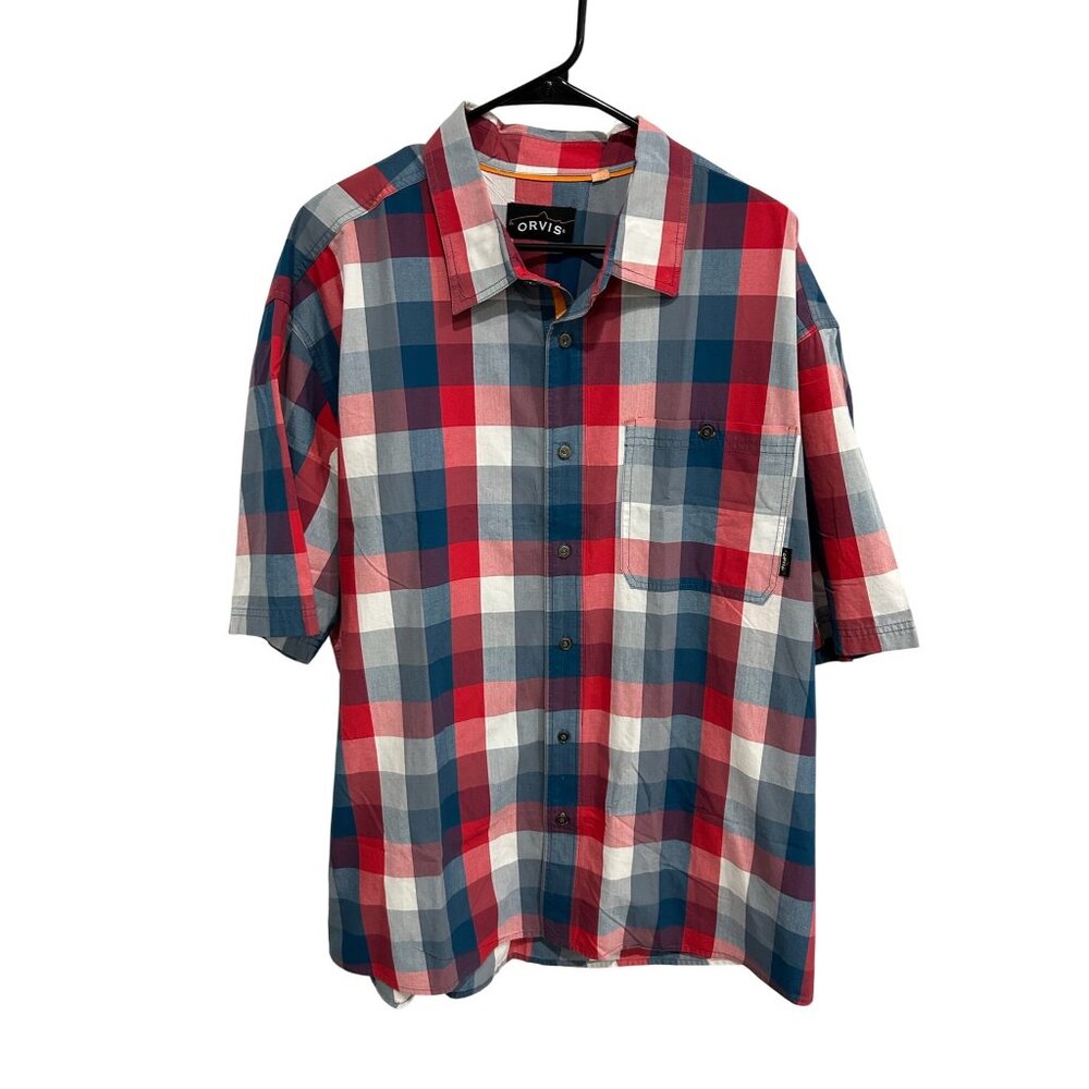 Orvis Short Sleeve Plaid Button Up Shirt Red Blue Sz XXL Cotton Classic Preppy
